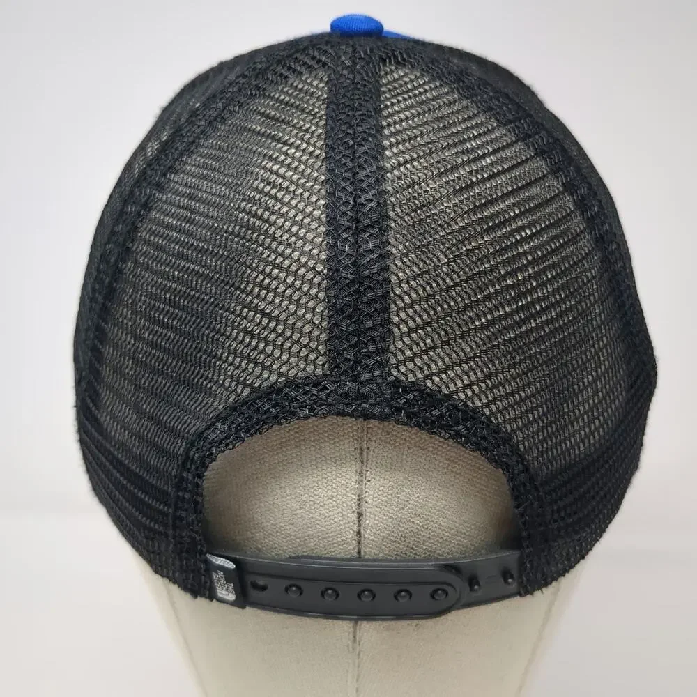 The North Face Trucker Hat Blue One Size Pierce Logo Mesh Snapback Black Cap